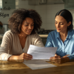 Questions to Ask a Home Care Agency Before Signing - A-TEAM #1 Home Care Agency in Philadelphia, PA Adult woman reviewing a home care contract with a coordinator at a kitchen table