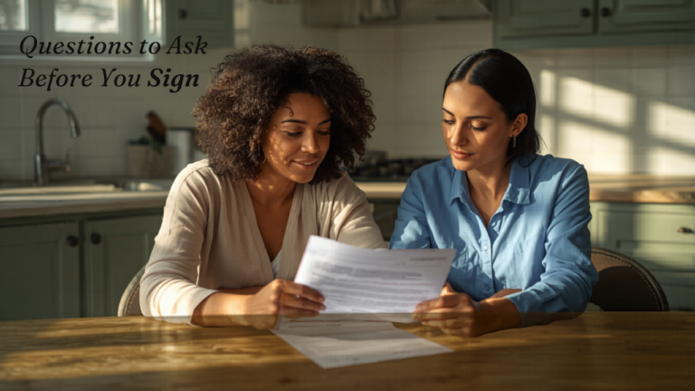 Adult woman reviewing a home care contract with a coordinator at a kitchen table