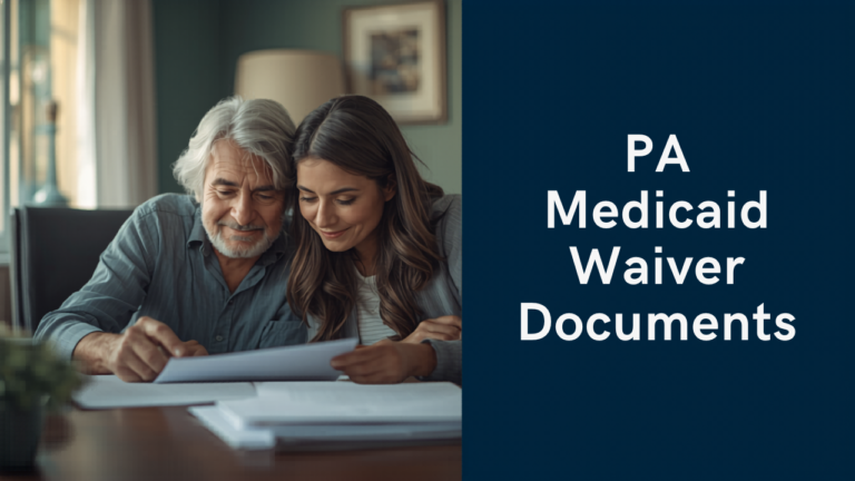 Adult daughter helping elderly parent organize Medicaid waiver documents at home desk