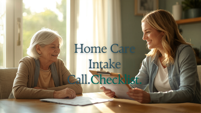 Senior woman and adult daughter reviewing home care documents with a coordinator at a kitchen table