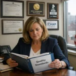 achc-accredited-home-care-agency-philadelphia - A-TEAM #1 Home Care Agency in Philadelphia, PA Businesswoman in a navy blazer reads a binder labeled 'Quality Standards' at her desk, with accreditation plaques on the wall behind her.