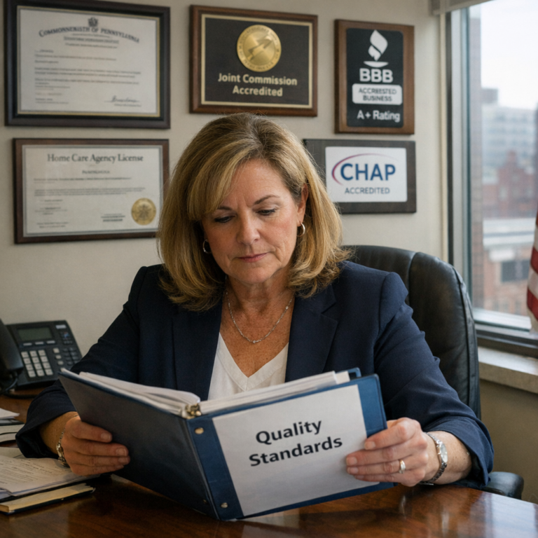 Home care supervisor reviewing quality standards documentation with care coordinator in professional Philadelphia office — ACHC accreditation and home care quality