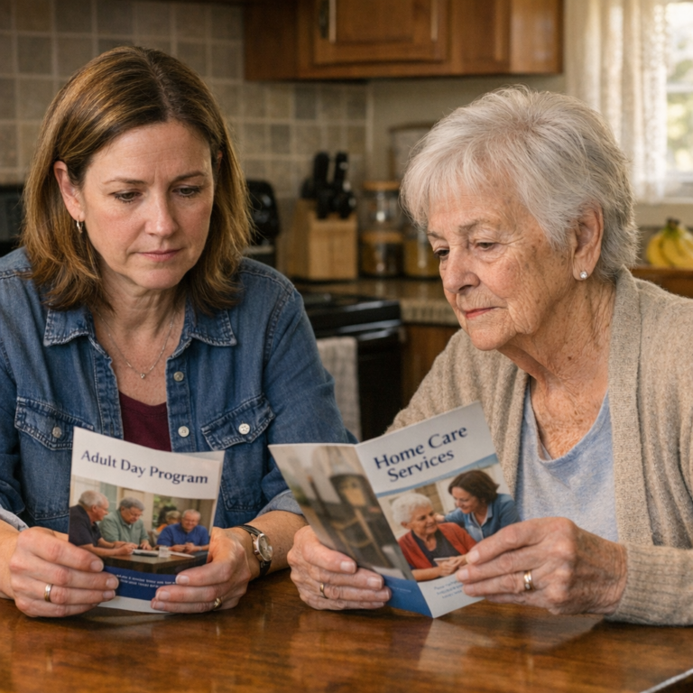Adult daughter discussing care options with elderly mother and home care coordinator at dining table in Philadelphia home — adult day services vs home care comparison