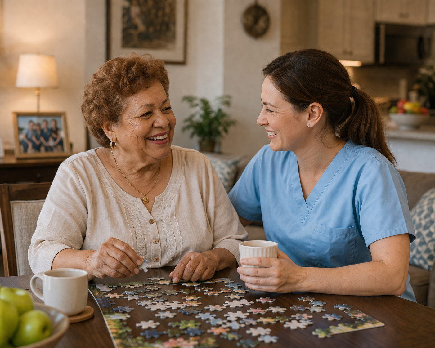 Get paid to care for a family member in Pennsylvania — companion care services Philadelphia, caregiver and senior woman doing puzzle together at home