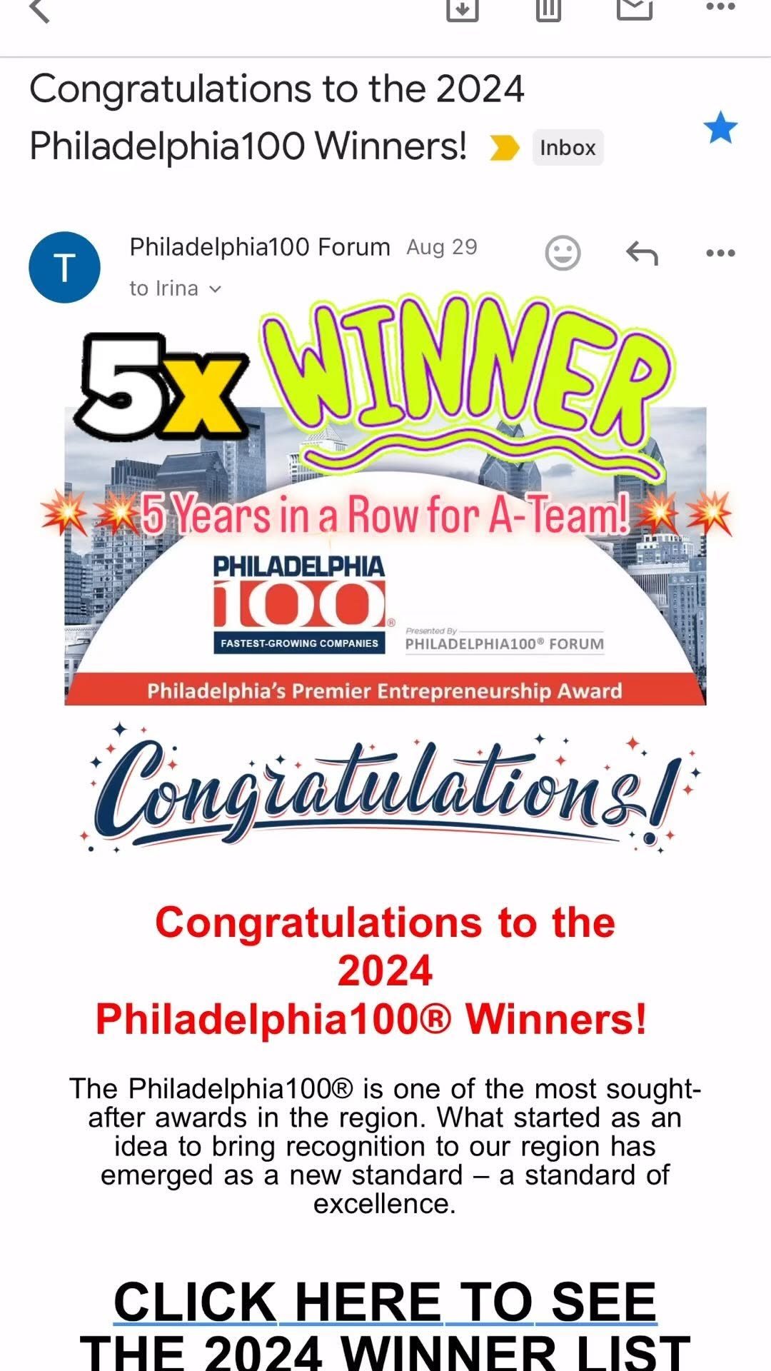 A-Team Home Care Philadelphia 100 award - photo 3