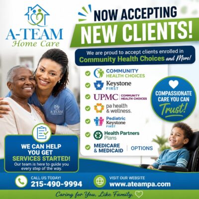 A-Team Home Care — Now Accepting New CHC Clients (Community HealthChoices) - A-TEAM #1 Home Care Agency in Philadelphia, PA A-Team Home Care caregivers serving Philadelphia and Bucks County families — accepting Community HealthChoices (CHC), Keystone First, UPMC CHC, PA Health & Wellness, and Medicare clients