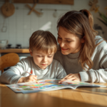 Get Paid to Care for a Child with Autism in Pennsylvania - A-TEAM #1 Home Care Agency in Philadelphia, PA A parent caregiver helping a child with autism with a learning activity at home in Pennsylvania