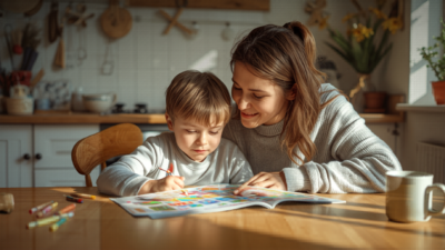 Get Paid to Care for a Child with Autism in Pennsylvania - A-TEAM #1 Home Care Agency in Philadelphia, PA A parent caregiver helping a child with autism with a learning activity at home in Pennsylvania