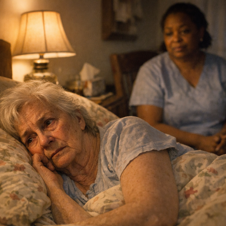 Compassionate overnight home care aide seated beside elderly patient in dim bedroom in Philadelphia home — dementia sleep and sundowning support
