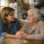 Adult daughter sitting with elderly mother at kitchen table in Philadelphia row home, reviewing paperwork in warm afternoon light — early signs of dementia caregiving