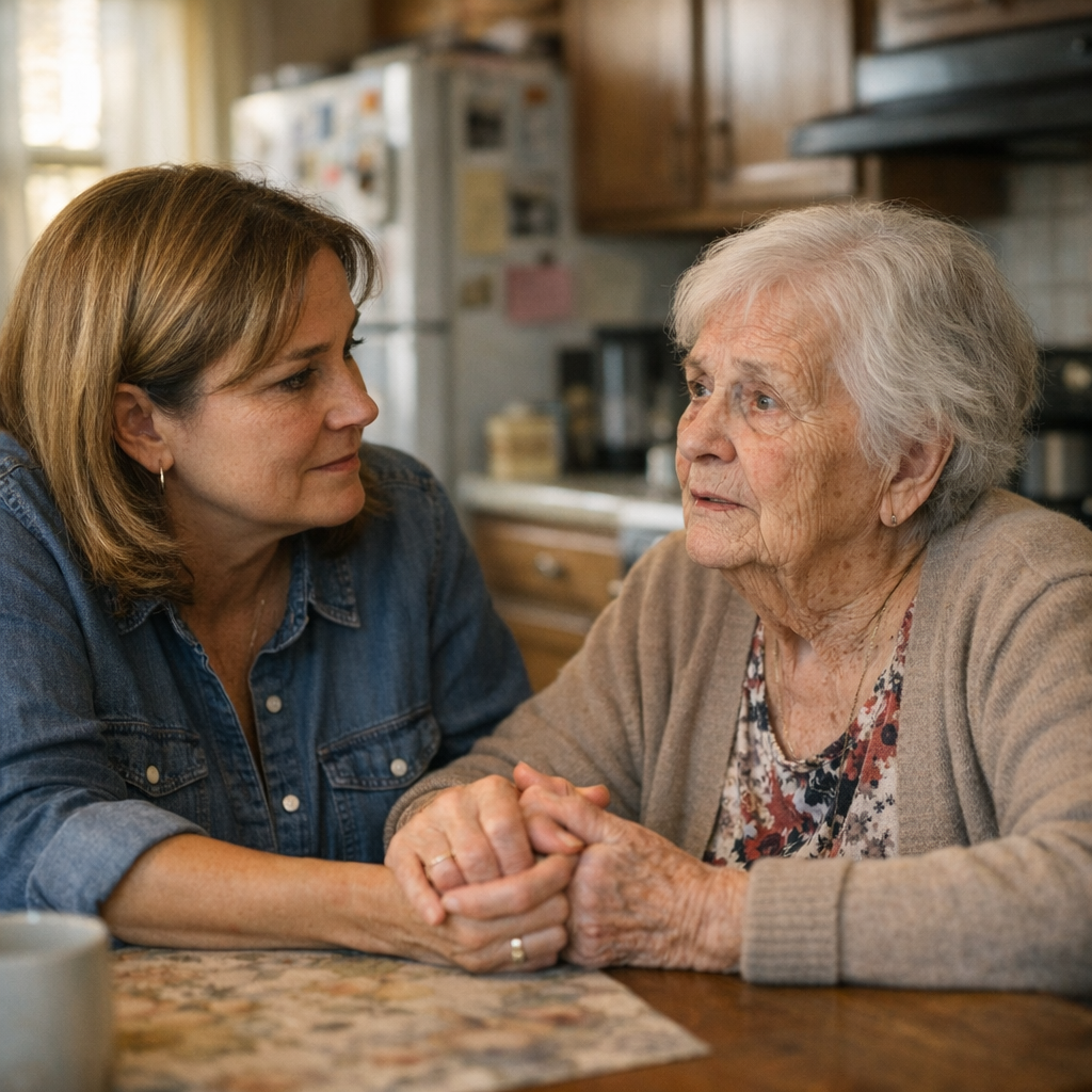 Adult daughter sitting with elderly mother at kitchen table in Philadelphia row home, reviewing paperwork in warm afternoon light — early signs of dementia caregiving