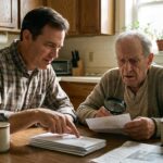 Early Signs of Dementia Son Reviewing Mail With Elderly Father A-Team Home Care - A-TEAM #1 Home Care Agency in Philadelphia, PA Adult son sitting with confused elderly father reviewing mail at kitchen table in Philadelphia home — A-Team Home Care