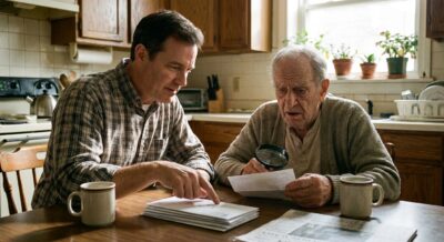 Early Signs of Dementia Son Reviewing Mail With Elderly Father A-Team Home Care - A-TEAM #1 Home Care Agency in Philadelphia, PA Adult son sitting with confused elderly father reviewing mail at kitchen table in Philadelphia home — A-Team Home Care