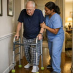 Home care aide assisting elderly man with walker during hip replacement recovery in bright Pennsylvania living room — post-surgical home care support