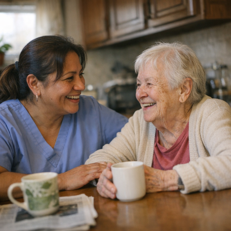 Smiling home care aide with elderly client in Philadelphia row home — highest paying home care agency comparison for caregivers