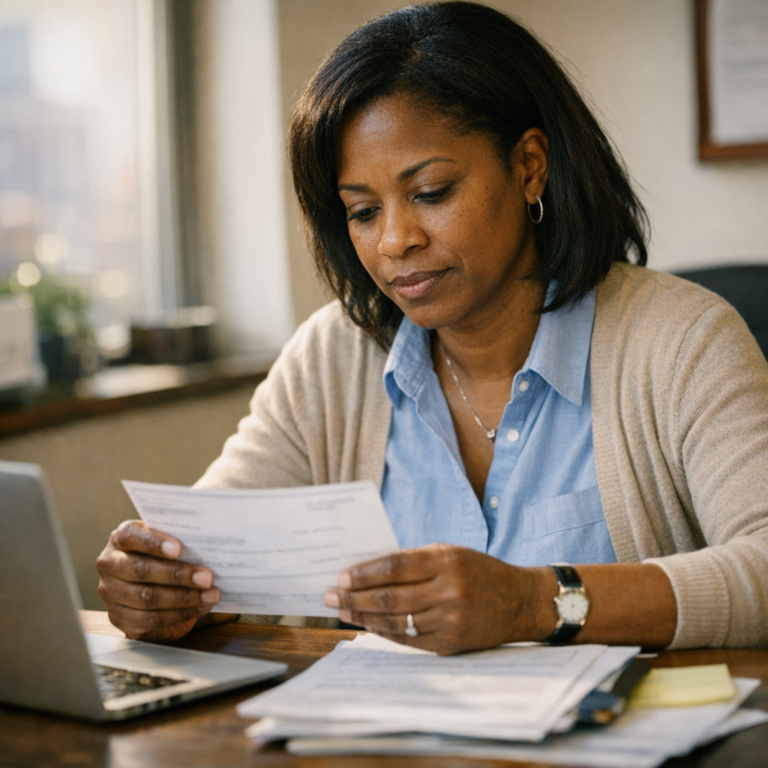 Home health aide reviewing pay stub with supervisor at Philadelphia home care agency office — HHA compensation comparison