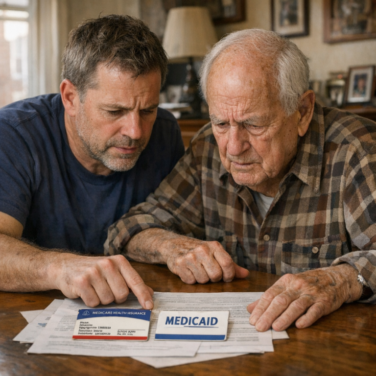 Family meeting with home care coordinator reviewing Medicare and Medicaid coverage documents at table in Philadelphia home — comparing home care funding options