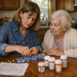Home health aide organizing weekly pill organizer with elderly man at kitchen table in Philadelphia suburban home — medication management and safety