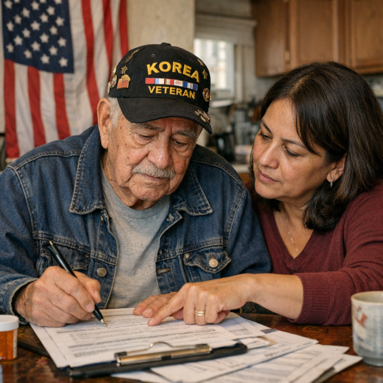 Elderly veteran with American flag in background being assisted by home care aide in Pennsylvania living room — VA benefits and Aid and Attendance home care