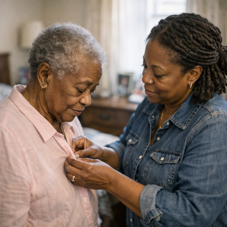 Adult daughter signing employment paperwork as paid family caregiver at kitchen table with A-Team Home Care coordinator in Pennsylvania — Community HealthChoices family caregiver program
