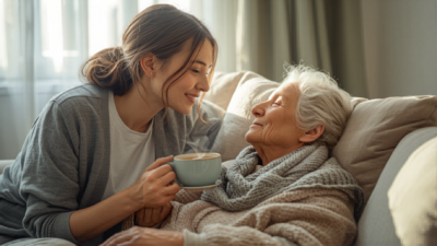 How to Help Seniors with Nausea — A-Team Home Care - A-TEAM #1 Home Care Agency in Philadelphia, PA A home caregiver offering comfort and warm care to an elderly senior woman experiencing nausea