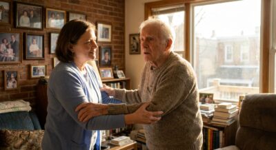Sundowning in Dementia Caregiver Redirecting Elderly Man A-Team Home Care - A-TEAM #1 Home Care Agency in Philadelphia, PA Home caregiver gently redirecting elderly man with sundowning dementia in Philadelphia row house — A-Team Home Care
