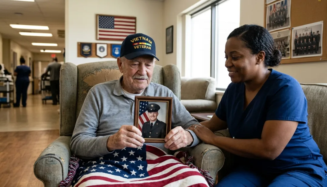 Elderly Vietnam veteran in a gray shirt and cap sits in a lounge chair, holding a framed photo of a soldier while a folded American flag rests on his lap; a caregiver smiles and sits beside him in a veterans’ facility.