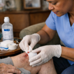 Registered nurse performing wound care assessment on elderly patient in bright Philadelphia home — home wound care and infection prevention