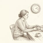 Pencil drawing of an adult daughter gently holding her elderly father's hands at a kitchen table with a wall clock behind them, illustrating that minutes matter when recognizing stroke signs