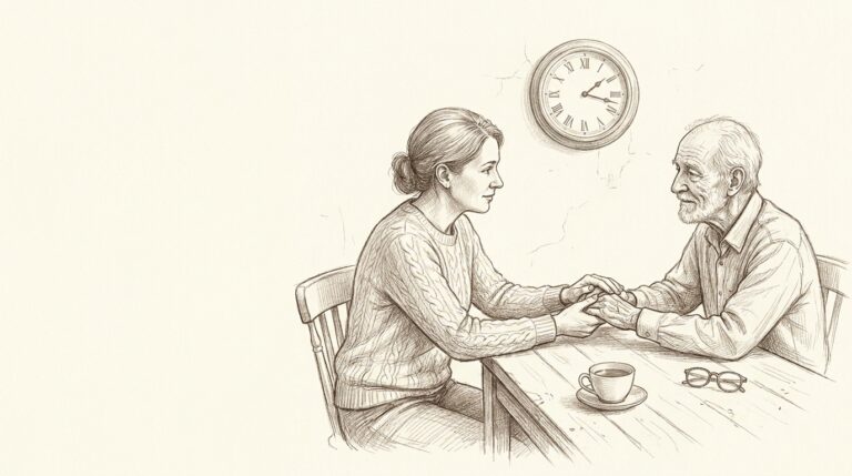 Stroke awareness in seniors, pencil illustration - A-TEAM #1 Home Care Agency in Philadelphia, PA Pencil drawing of an adult daughter gently holding her elderly father's hands at a kitchen table with a wall clock behind them, illustrating that minutes matter when recognizing stroke signs