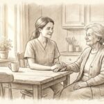 Agency caregiver and older woman at a kitchen table - A-TEAM #1 Home Care Agency in Philadelphia, PA Pencil sketch of an agency caregiver sitting with an older woman at her kitchen table in morning light