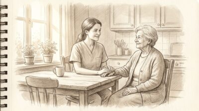 Agency caregiver and older woman at a kitchen table - A-TEAM #1 Home Care Agency in Philadelphia, PA Pencil sketch of an agency caregiver sitting with an older woman at her kitchen table in morning light