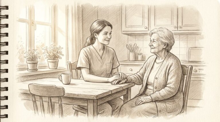 Agency caregiver and older woman at a kitchen table - A-TEAM #1 Home Care Agency in Philadelphia, PA Pencil sketch of an agency caregiver sitting with an older woman at her kitchen table in morning light
