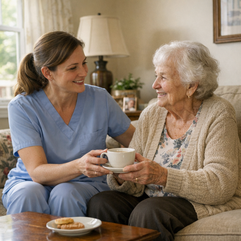 In-home caregiver assisting a senior at home in Bucks County - A-TEAM #1 Home Care Agency in Philadelphia, PA A-Team Home Care aide assisting an elderly woman at home in Bucks County, Pennsylvania