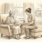 In home care planning in Bucks County - A-TEAM #1 Home Care Agency in Philadelphia, PA Pencil illustration of a caregiver and an older woman reviewing a care calendar together in a Bucks County living room