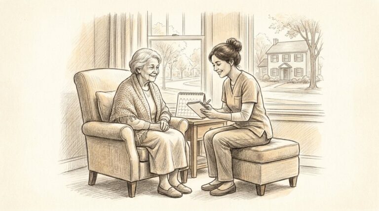 In home care planning in Bucks County - A-TEAM #1 Home Care Agency in Philadelphia, PA Pencil illustration of a caregiver and an older woman reviewing a care calendar together in a Bucks County living room