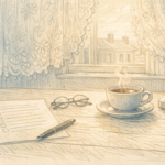 Pencil sketch of a kitchen table with a printed checklist of questions, a pen, reading glasses and a phone, ready for a family to call home care agencies