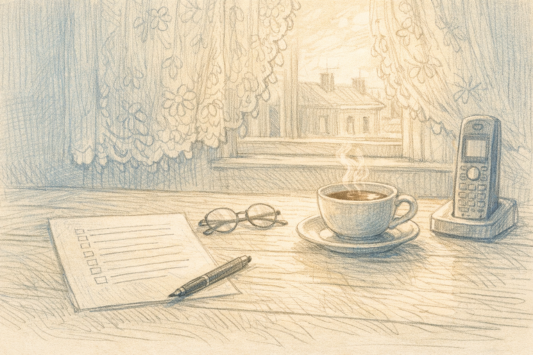 Pencil sketch of a kitchen table with a printed checklist of questions, a pen, reading glasses and a phone, ready for a family to call home care agencies