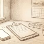 Caregiver Calls Out Sick, Morning Care Schedule Sketch - A-TEAM #1 Home Care Agency in Philadelphia, PA Pencil sketch of a kitchen table with a ringing phone, a care schedule clipboard, a pill organizer and a cup of tea