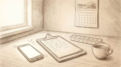 Caregiver Calls Out Sick, Morning Care Schedule Sketch - A-TEAM #1 Home Care Agency in Philadelphia, PA Pencil sketch of a kitchen table with a ringing phone, a care schedule clipboard, a pill organizer and a cup of tea