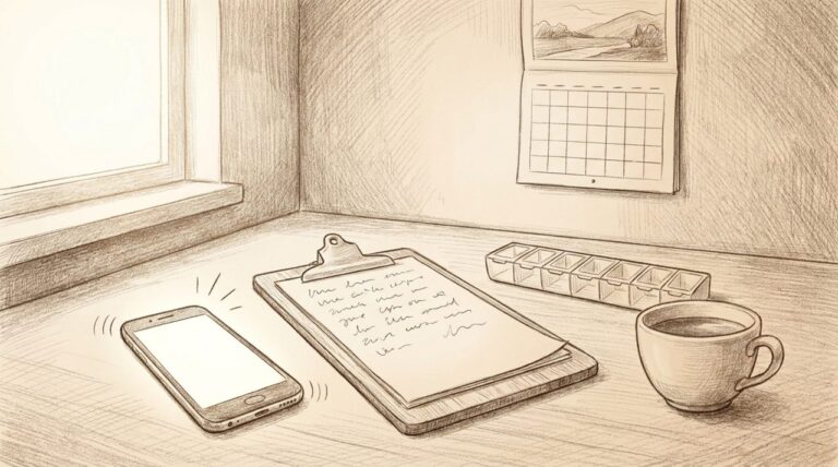 Caregiver Calls Out Sick, Morning Care Schedule Sketch - A-TEAM #1 Home Care Agency in Philadelphia, PA Pencil sketch of a kitchen table with a ringing phone, a care schedule clipboard, a pill organizer and a cup of tea
