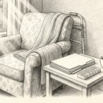 Coming home after hospital discharge illustration - A-TEAM #1 Home Care Agency in Philadelphia, PA Pencil sketch of an armchair, walker, discharge papers and pill organizer ready for a loved one coming home from the hospital