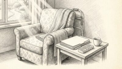 Coming home after hospital discharge illustration - A-TEAM #1 Home Care Agency in Philadelphia, PA Pencil sketch of an armchair, walker, discharge papers and pill organizer ready for a loved one coming home from the hospital