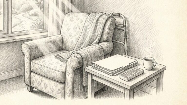 Coming home after hospital discharge illustration - A-TEAM #1 Home Care Agency in Philadelphia, PA Pencil sketch of an armchair, walker, discharge papers and pill organizer ready for a loved one coming home from the hospital