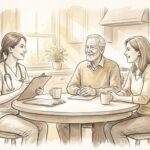 First care assessment at the kitchen table - A-TEAM #1 Home Care Agency in Philadelphia, PA Pencil sketch of a home care nurse with a clipboard talking with an older man and his daughter at their kitchen table during a first care assessment