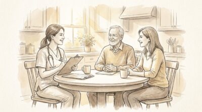 First care assessment at the kitchen table - A-TEAM #1 Home Care Agency in Philadelphia, PA Pencil sketch of a home care nurse with a clipboard talking with an older man and his daughter at their kitchen table during a first care assessment