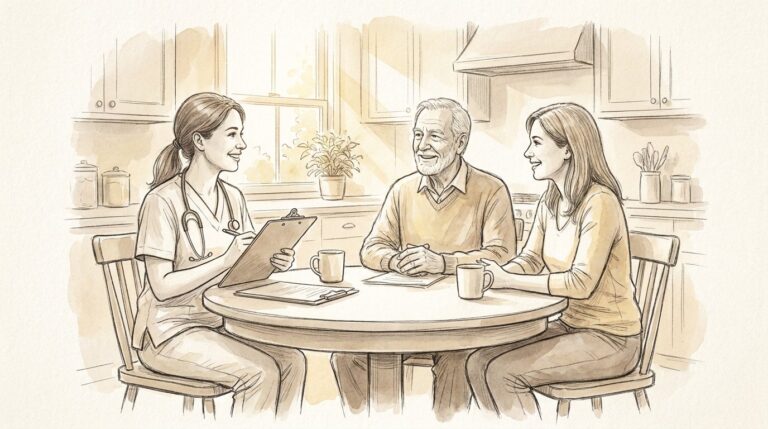 First care assessment at the kitchen table - A-TEAM #1 Home Care Agency in Philadelphia, PA Pencil sketch of a home care nurse with a clipboard talking with an older man and his daughter at their kitchen table during a first care assessment