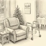Holiday home care planning sketch - A-TEAM #1 Home Care Agency in Philadelphia, PA Pencil sketch of a Philadelphia row home living room at the holidays with an armchair, knit blanket, pill organizer, walker, small decorated tree, and a table set for family dinner