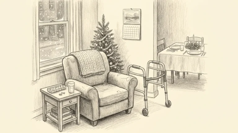 Holiday home care planning sketch - A-TEAM #1 Home Care Agency in Philadelphia, PA Pencil sketch of a Philadelphia row home living room at the holidays with an armchair, knit blanket, pill organizer, walker, small decorated tree, and a table set for family dinner