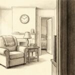 ateam-hourly-live-in-hero - A-TEAM #1 Home Care Agency in Philadelphia, PA Pencil sketch of a quiet Philadelphia rowhouse living room with an armchair, reading lamp, wall clock and a guest bedroom door ajar